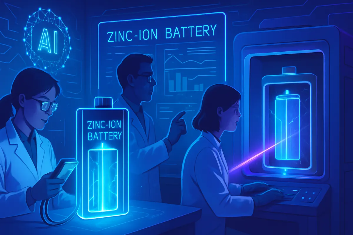Chercheur analysant un électrolyte au zinc avec une visualisation d’ions et de mesures aux rayons X