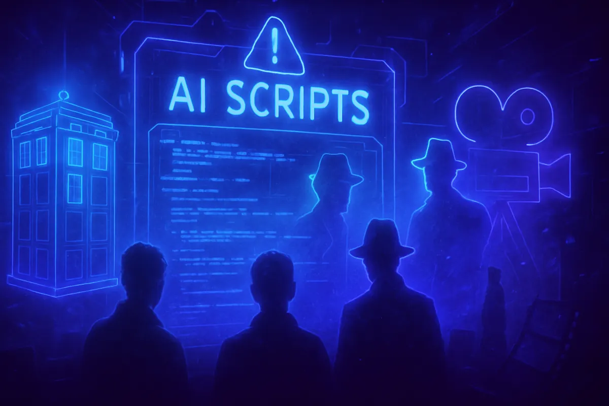 Une scénariste examine des pages de script face à des outils d’IA dans un studio de cinéma.