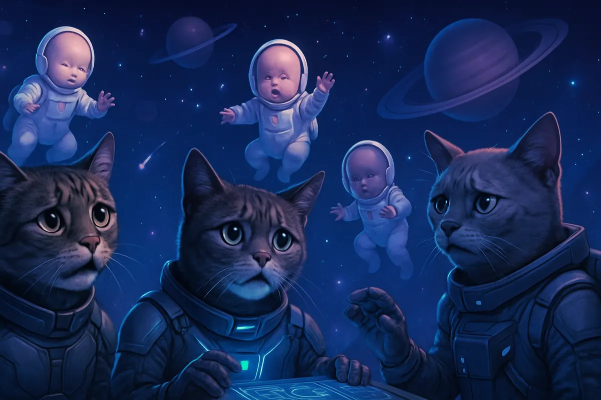 Écran de vidéos IA montrant un chat humanisé et un bébé dans l’espace parmi des recommandations répétitives.
