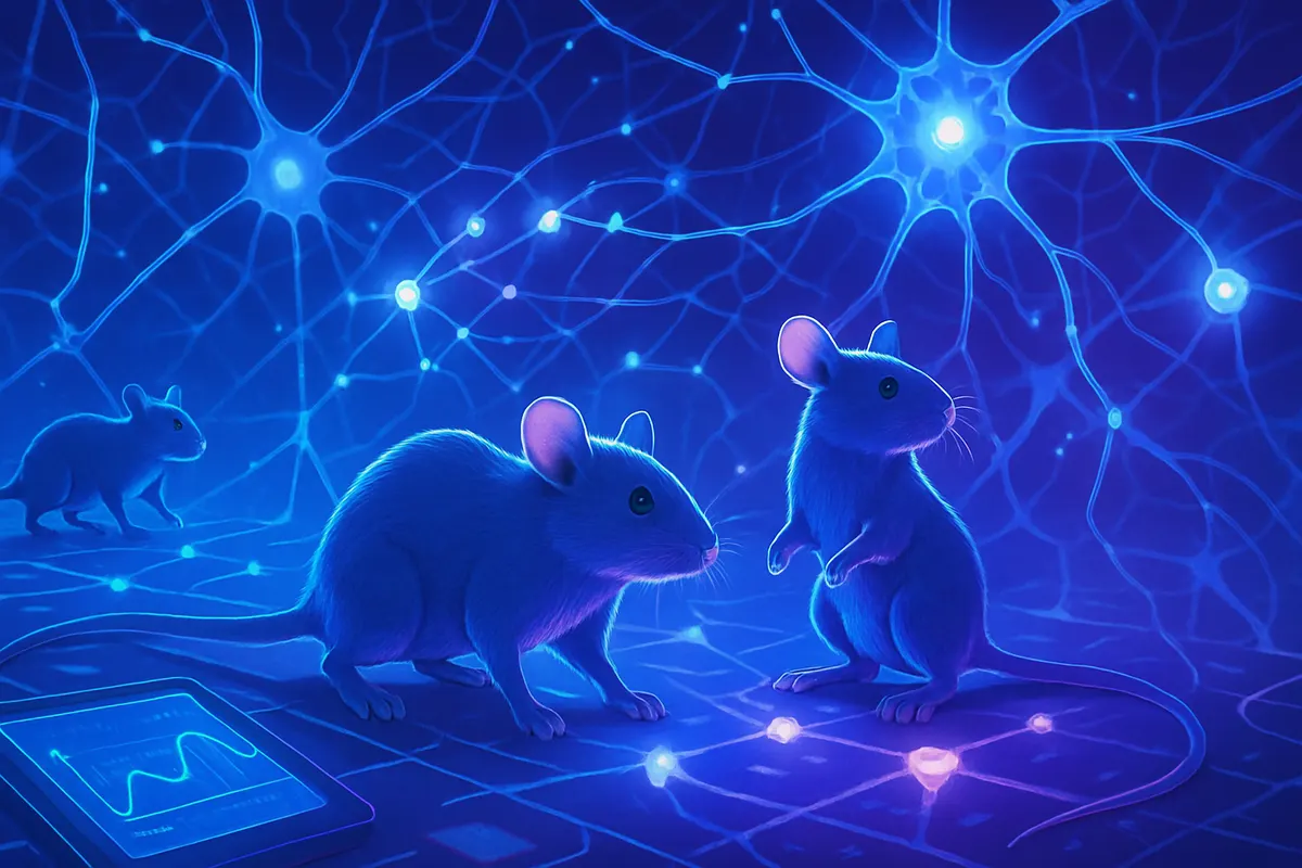 Deux souris se coordonnent dans une chambre d’expérimentation, face à un réseau neuronal artificiel abstrait.