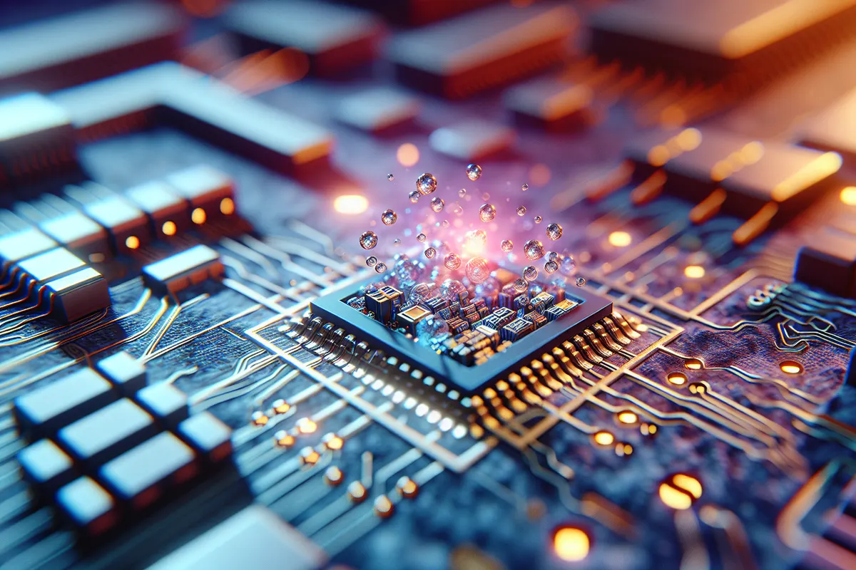 Chercheur en salle blanche examinant une puce aux nanofils verticaux destinés à former des transistors.