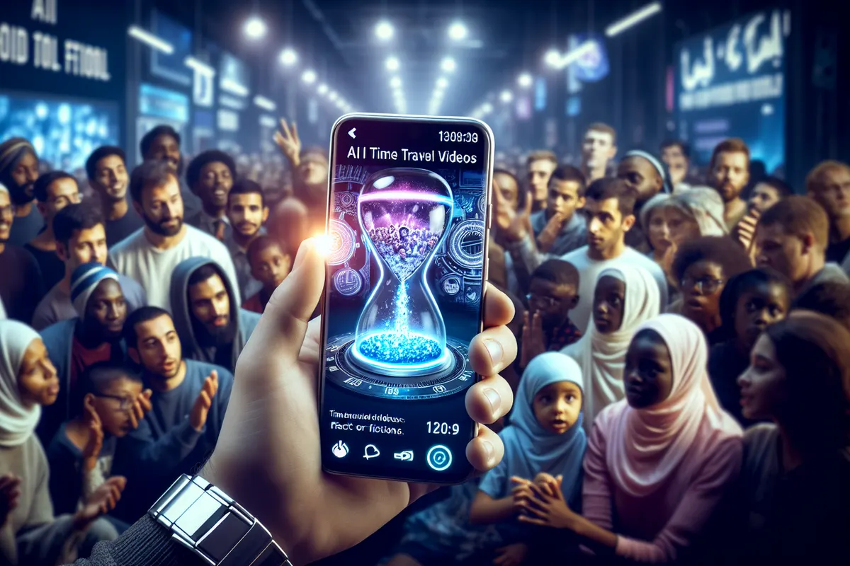 Un smartphone affiche des scènes historiques fictives générées par IA, du Moyen Âge aux tranchées.