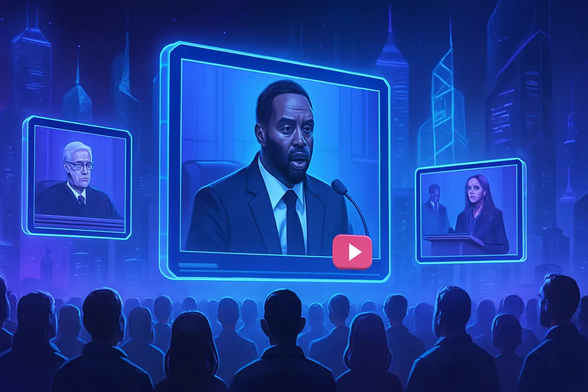 Un smartphone affiche des vidéos sensationnalistes générées par IA autour d’une affaire judiciaire médiatisée.