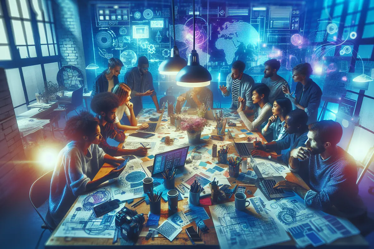 Une designer assemble des visuels mêlant surréalisme, rétrofuturisme et décor immersif sur un panneau créatif.