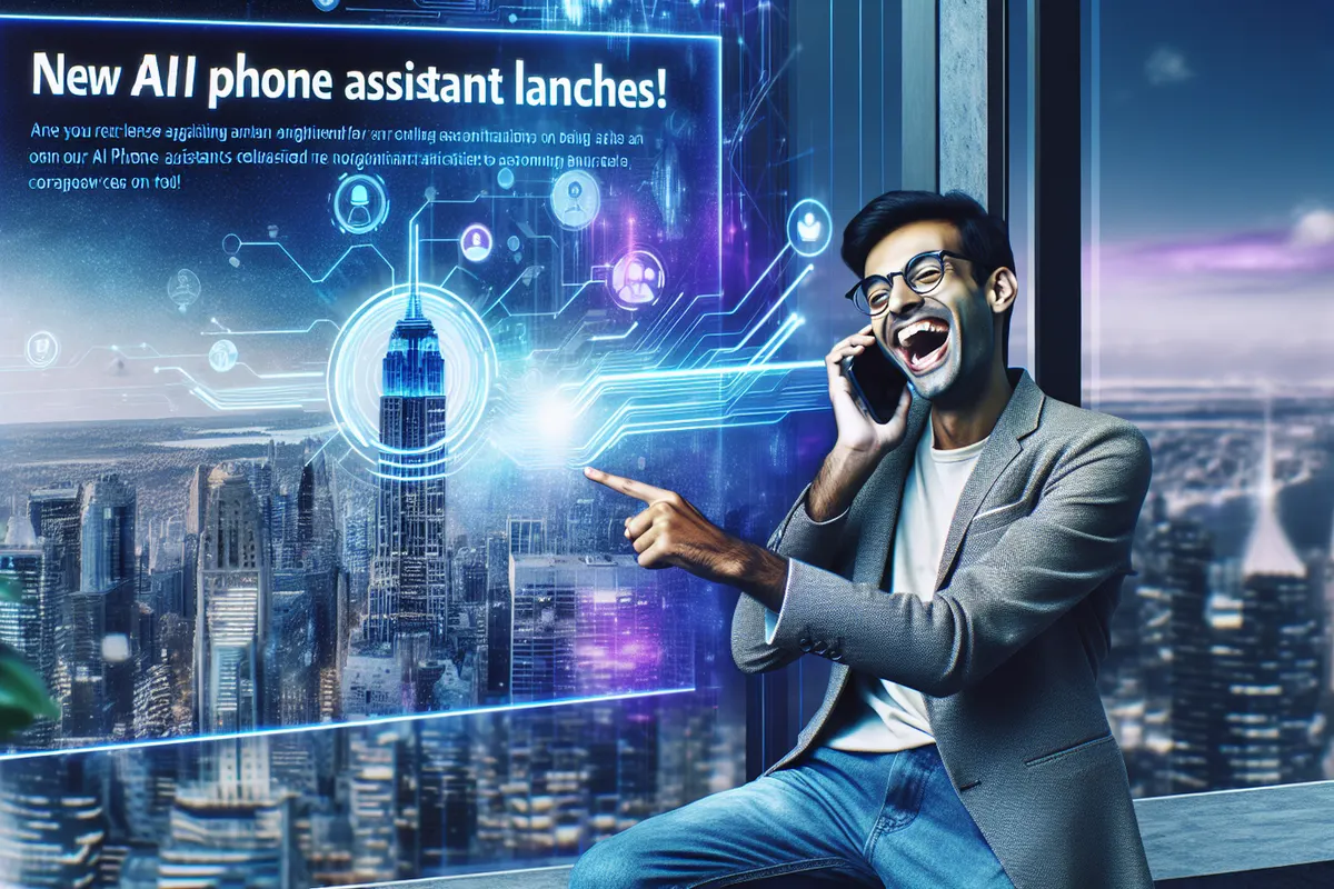 Une personne parle à un combiné téléphonique tandis qu’une interface de conversation apparaît près d’un smartphone.