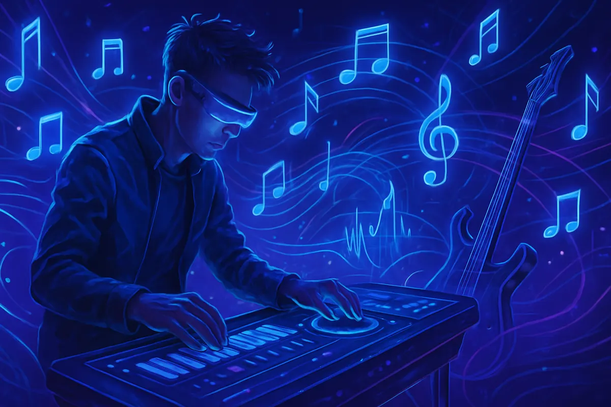 Un auteur compose des paroles dans un studio, assisté par une interface d’IA musicale affichant des pistes sonores.