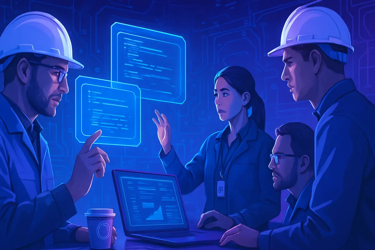 Des équipes de chantier consultent une tablette avec des comptes-rendus et des images analysées par IA.