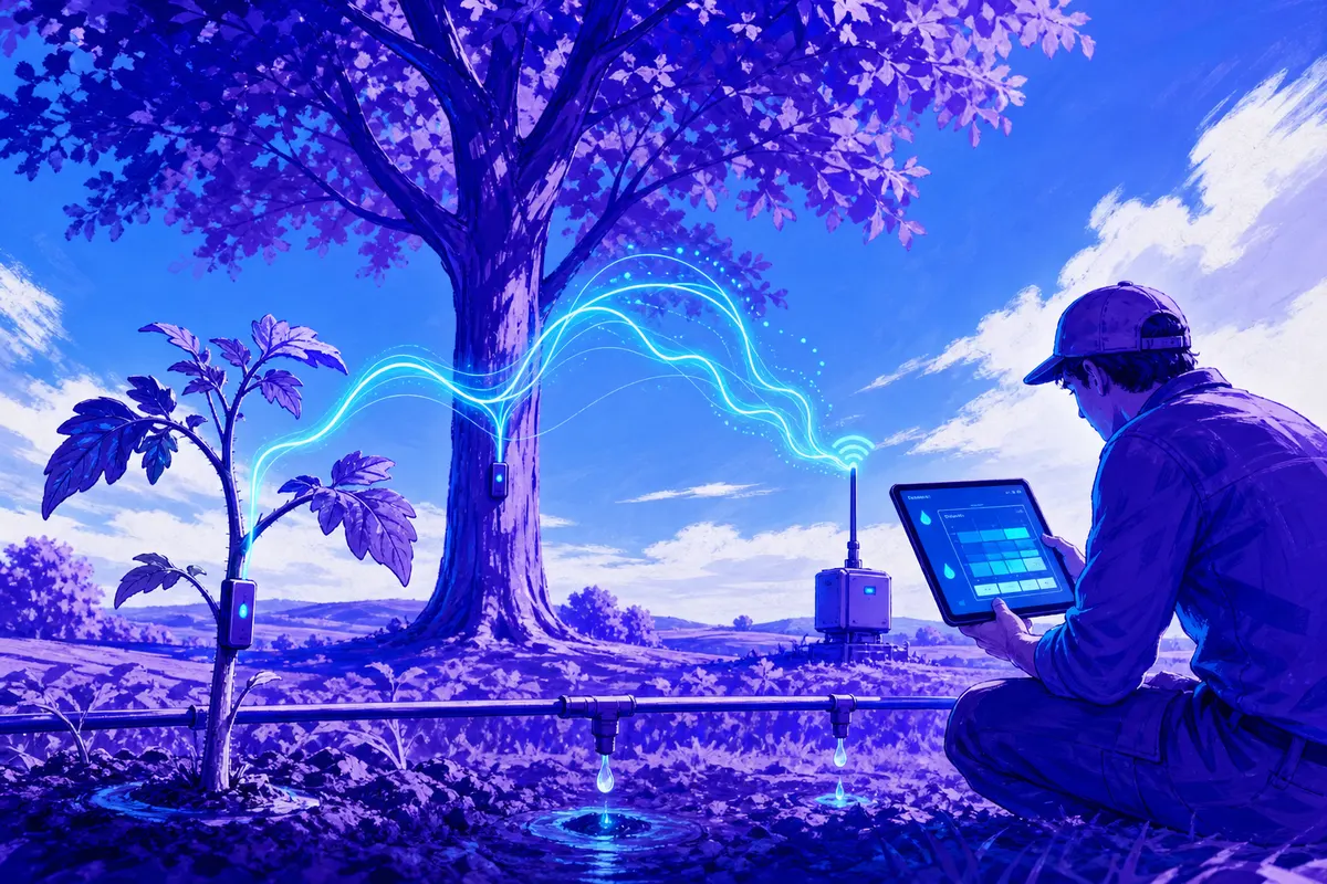 Des plantes équipées de capteurs émettent des signaux lumineux lus par un agriculteur sur sa tablette