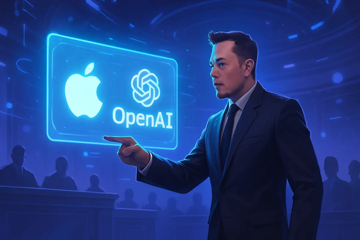 Deux dossiers judiciaires et des smartphones symbolisant le litige entre Apple, OpenAI et xAI sur l’IA.