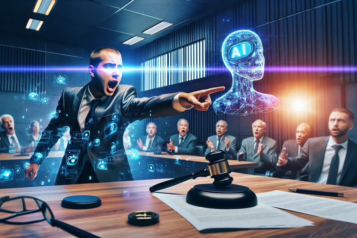 Un tribunal face à des bureaux d’IA, illustration du conflit judiciaire entre OpenAI, Microsoft et Elon Musk.