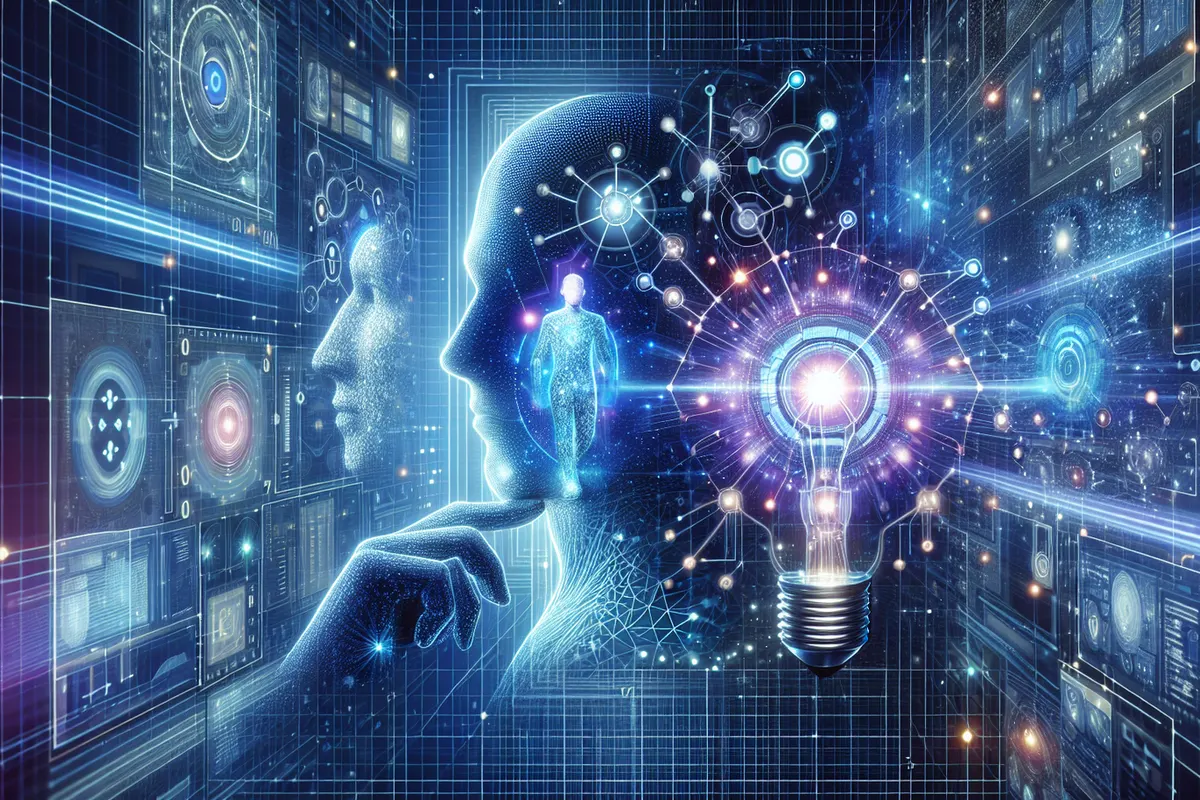 Une interface d’IA reliée à un flux de réseau social et à des serveurs interconnectés.