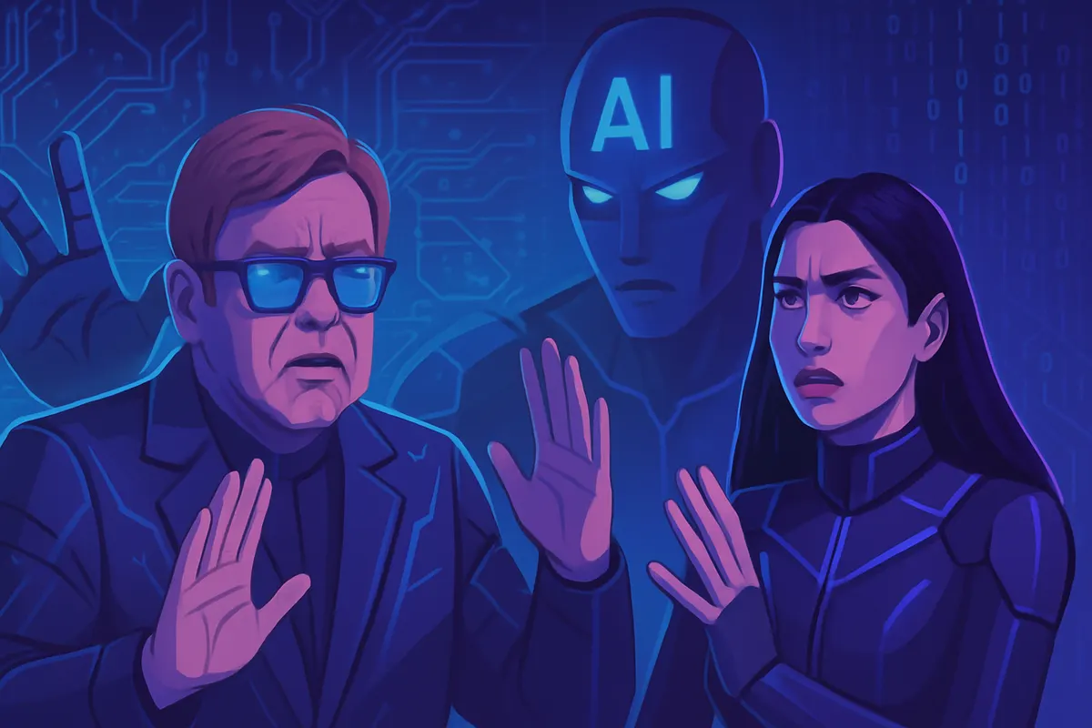 Des musiciens et des partitions face à une interface d’intelligence artificielle, symbole du débat sur le droit d’auteur.
