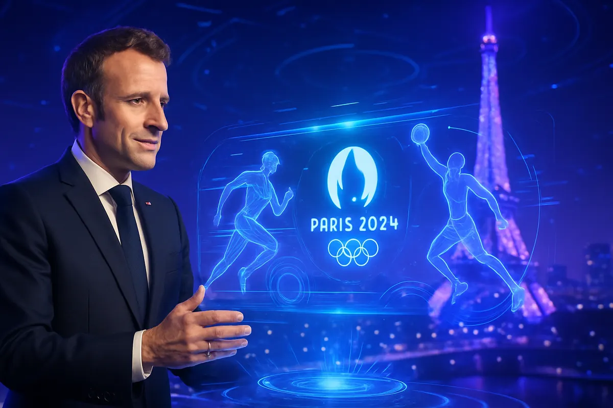 Un responsable fictif regarde un montage des Jeux de Paris 2024 dans un bureau officiel, ému devant les images sportives.