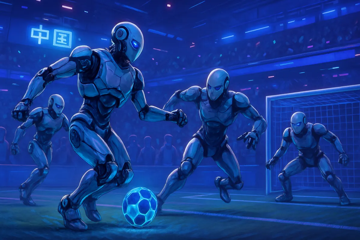 Des robots humanoïdes disputent un match de football autonome à trois contre trois sur un terrain intérieur à Pékin.