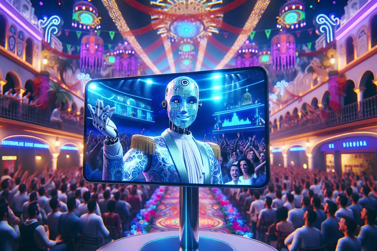 Une présentatrice virtuelle anime un programme de téléréalité devant les caméras d’un studio espagnol.