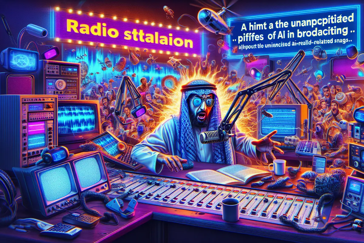 Studio de radio avec micros, consoles et silhouettes numériques évoquant des animateurs générés par IA