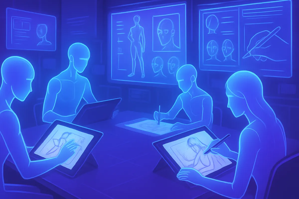 Une personne et une IA construisent ensemble un croquis de robot et de voilier, trait par trait.