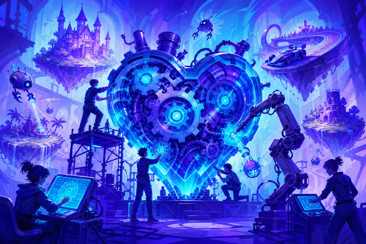 Illustration d’un moteur de jeu lumineux réparé par des développeurs et des bras robotiques, entouré de mondes