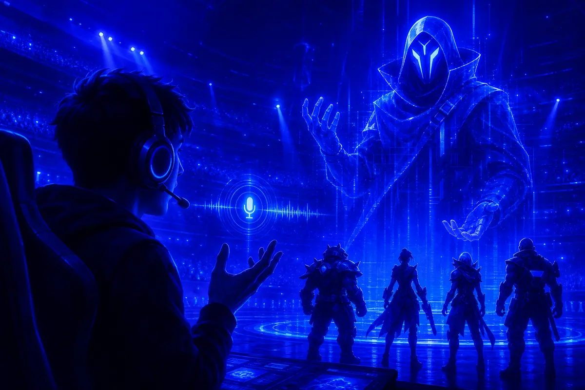 Un joueur casqué dialogue dans une arène virtuelle avec un personnage masqué de science-fiction alimenté par IA.