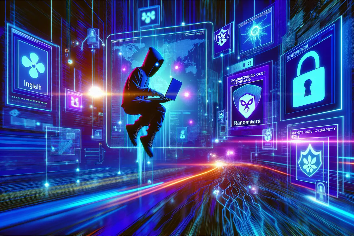 Analyste en cybersécurité examinant un téléphone compromis et un réseau chiffré sur des écrans