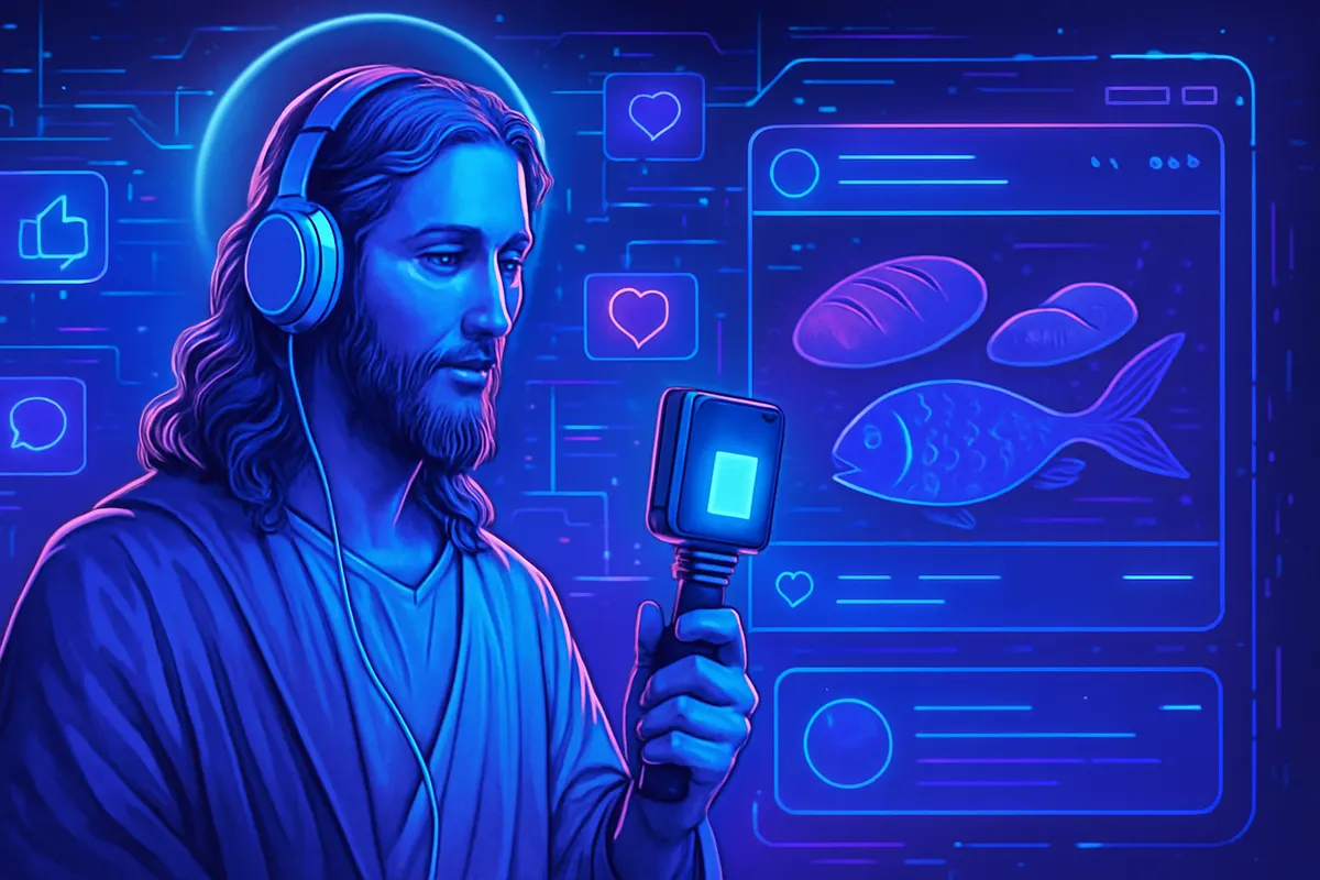 Représentation d’un personnage biblique filmant un vlog au smartphone devant un groupe en tenue antique