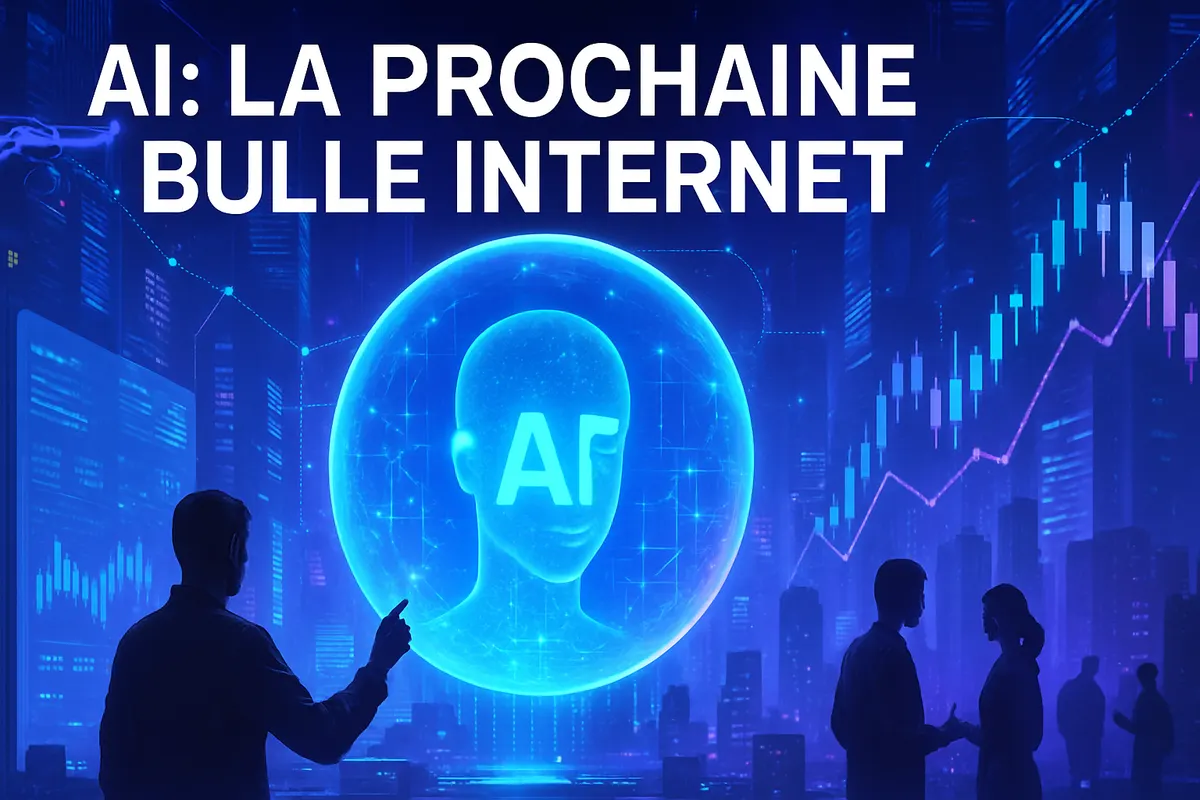 Centre de données dédié à l’IA, entre équipements informatiques et indicateurs de marché.