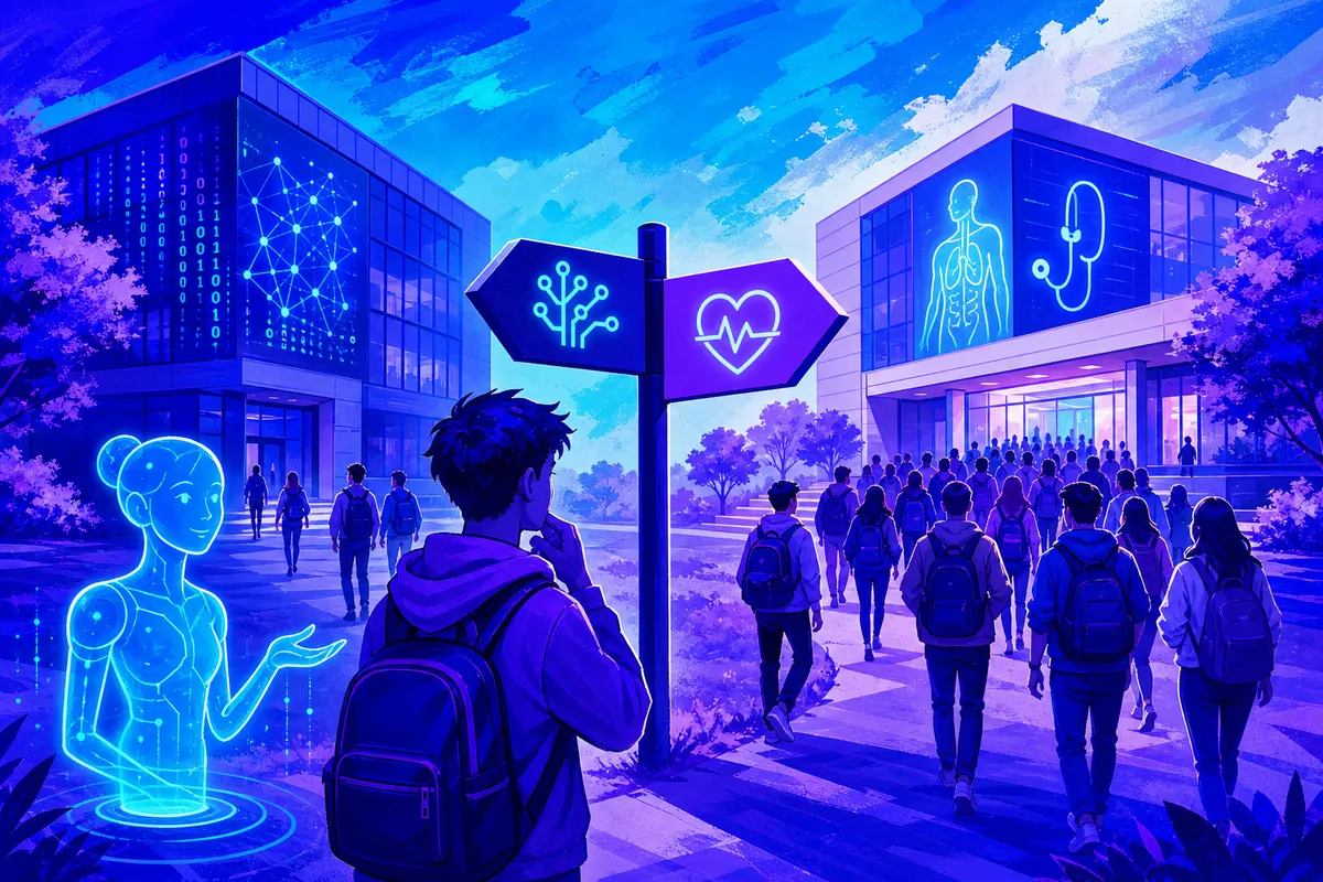 Illustration d’un étudiant hésitant entre un bâtiment d’informatique déserté et un bâtiment de santé très fréquenté