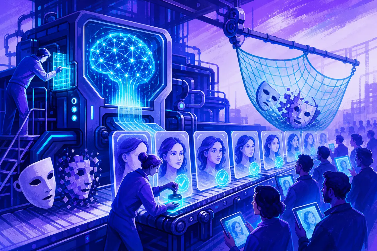 Illustration d’une machine d’IA produisant des masques, filtrés et marqués d’un sceau par des ingénieurs avant diffusion