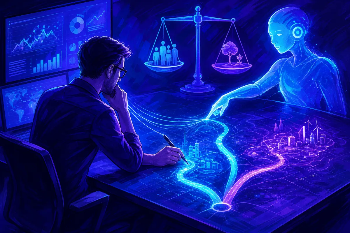 Illustration d’un analyste guidé par des fils lumineux discrets reliés à un assistant d’IA qui désigne une option