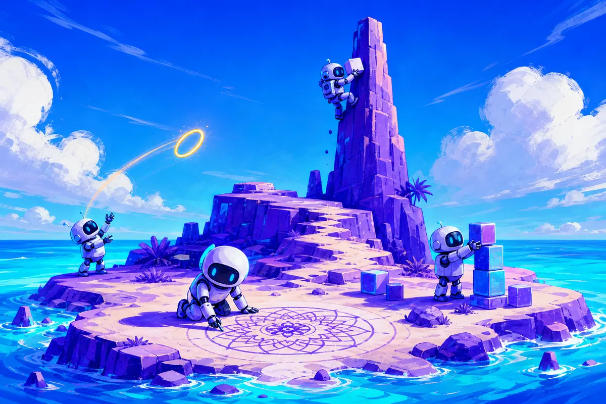 Illustration de petits robots qui jouent sur une île virtuelle : tours de cubes, escalade et lancer d’anneau doré