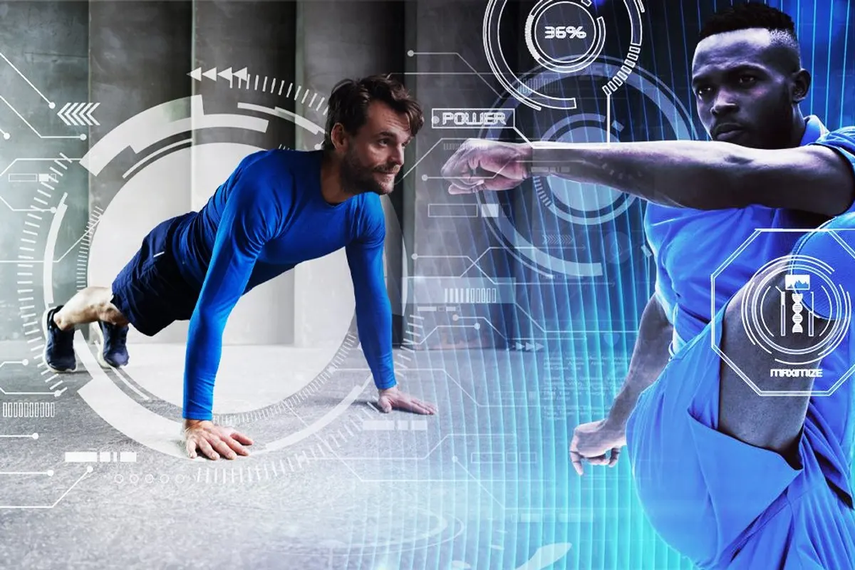 Participants effectuant des squats dans un studio de fitness interactif guidé par une IA