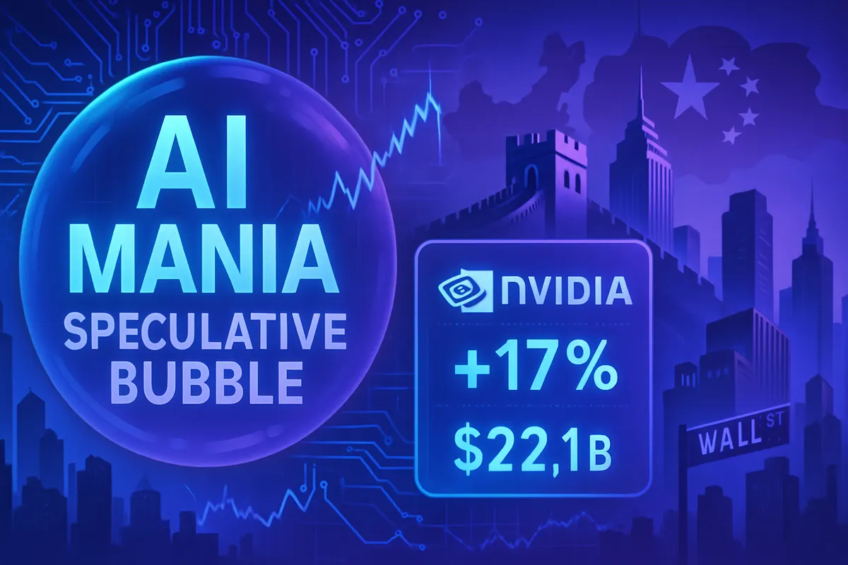 Un centre de données d’IA, des écrans financiers et des conteneurs illustrant les enjeux de Nvidia en Chine.
