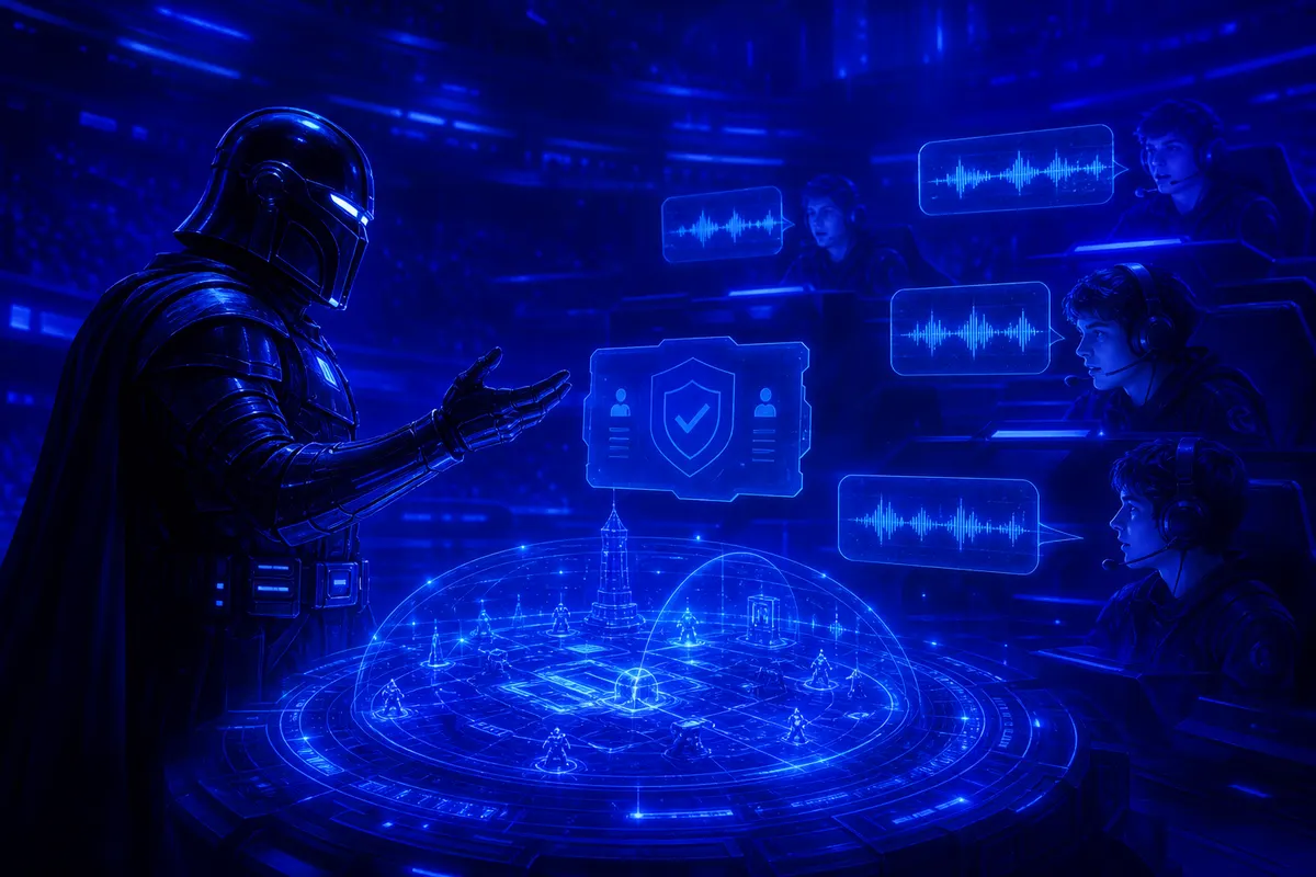 Un personnage de science-fiction casqué échange avec des joueurs devant une interface de dialogue vocal.