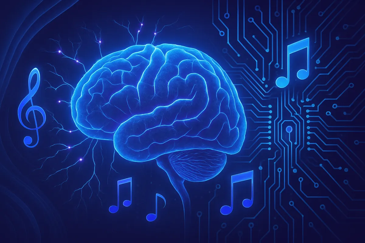 Une chercheuse analyse des ondes sonores entre clavier musical, casque d’écoute et outils numériques de recherche.