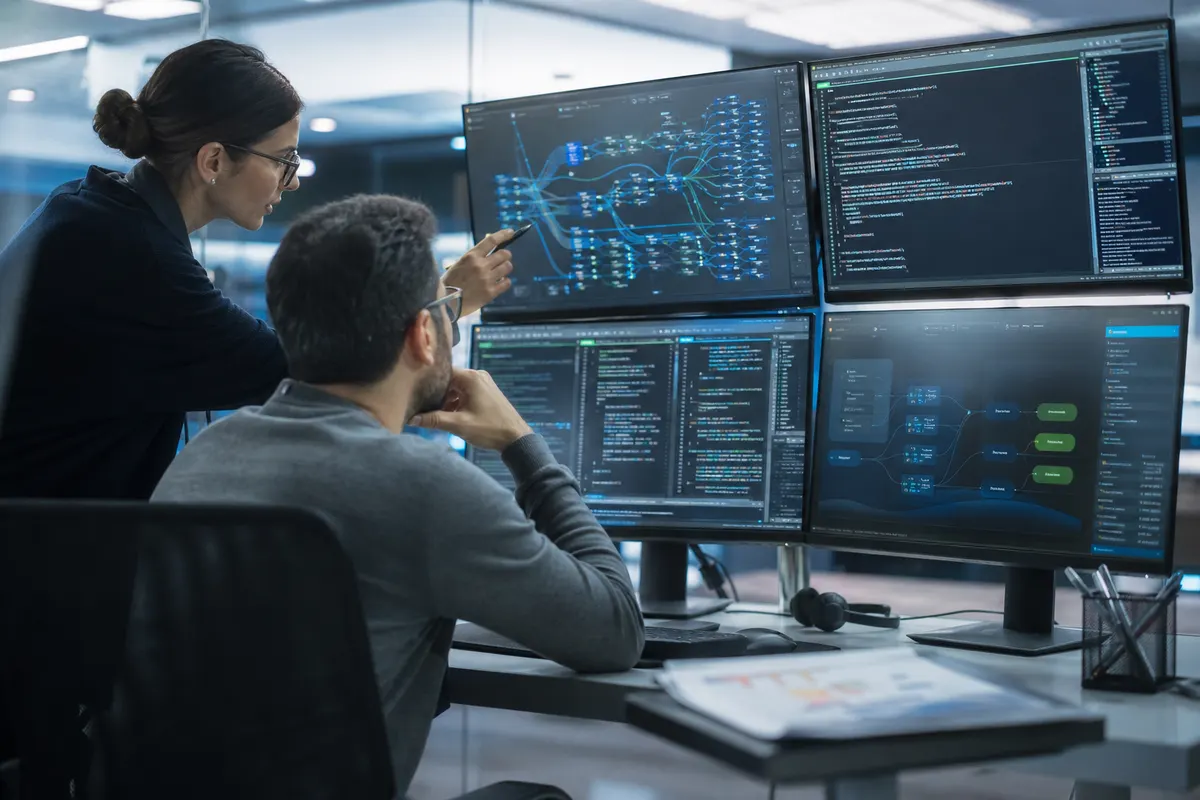 Deux analystes examinent du code et des alertes de vulnérabilités avec un assistant d’intelligence artificielle.