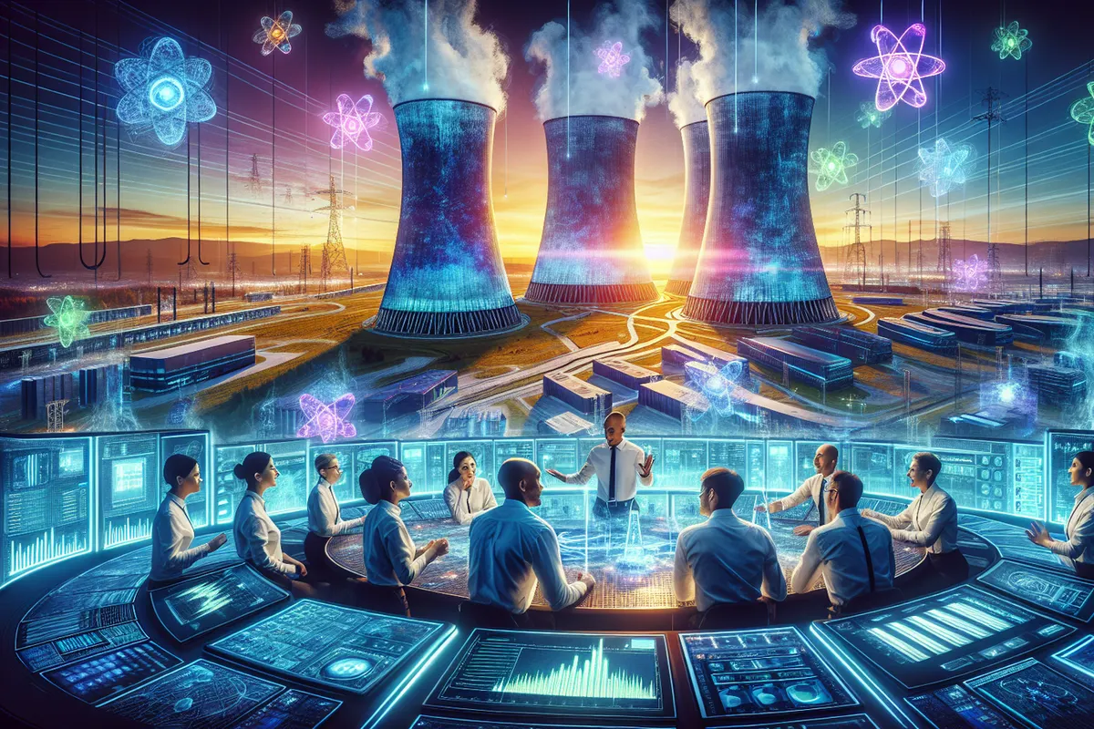 Un centre de données relié par le réseau électrique à un site de petits réacteurs nucléaires avancés.