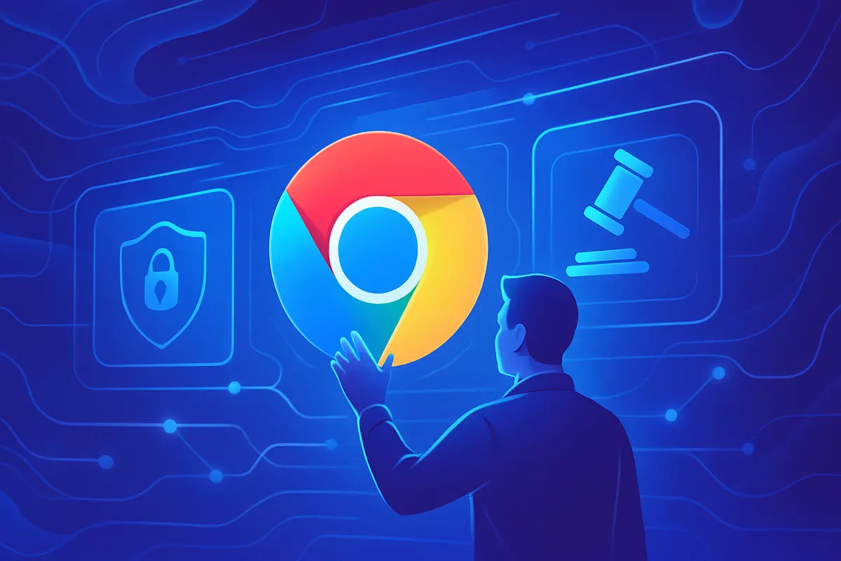 Un navigateur Web et des documents judiciaires illustrant la décision américaine sur Google et Chrome.