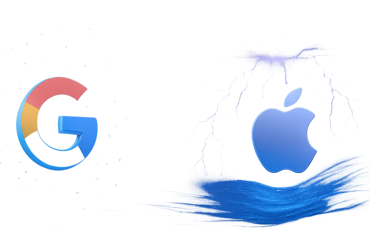 Un tribunal fédéral avec des smartphones et un ordinateur illustrant la régulation de Google et Apple.