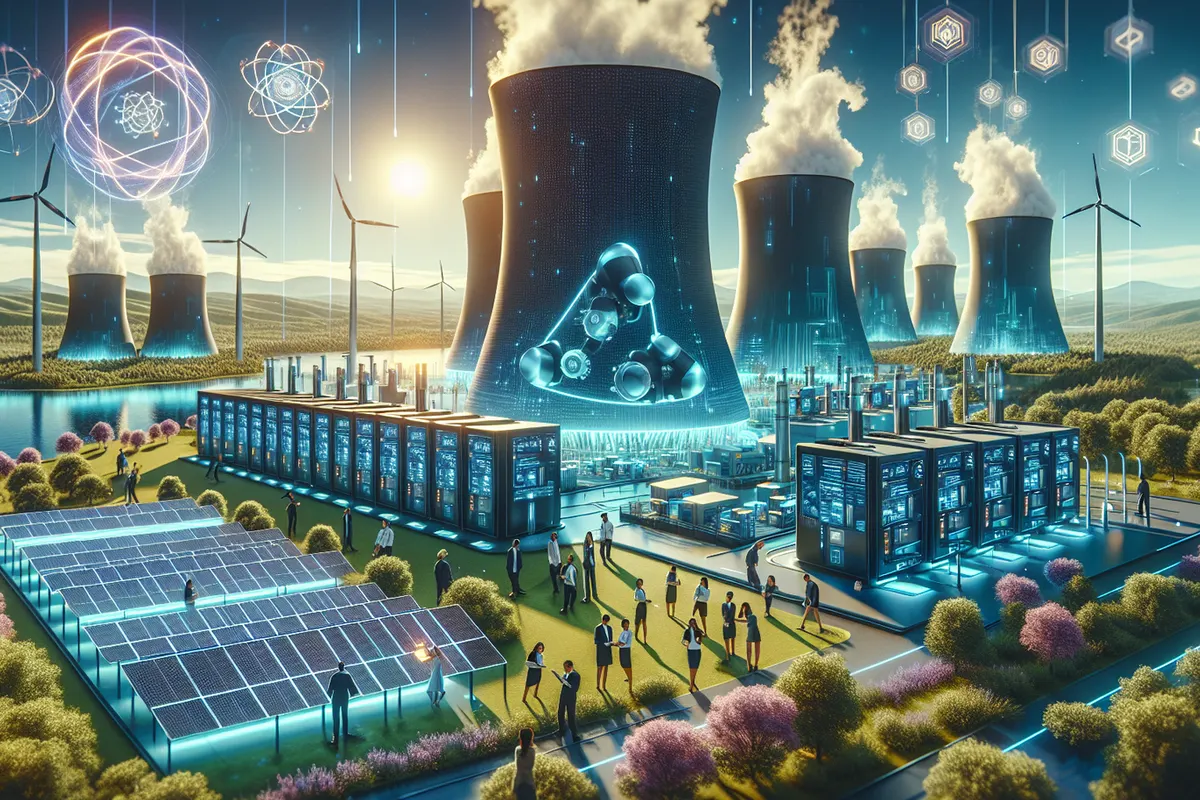 Un data center relié par le réseau électrique à une centrale de petits réacteurs nucléaires.