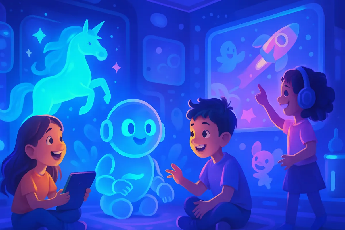 Un enfant utilise un assistant conversationnel sur tablette, accompagné par un parent à la maison.