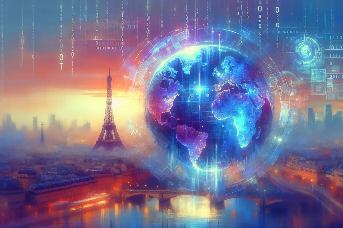 Écran de recherche avec une réponse générée par IA et des sources liées, sur fond de carte mondiale.