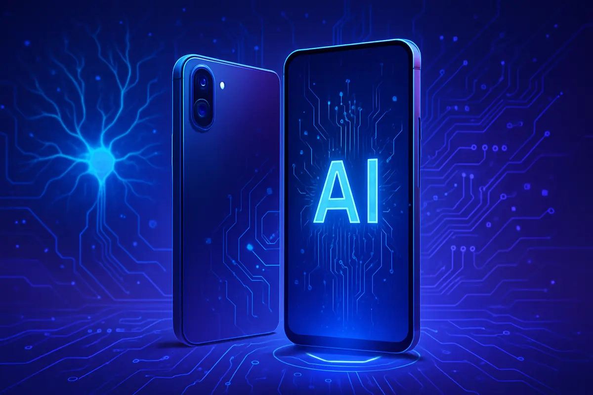 Un utilisateur photographie une rue peu éclairée avec un smartphone assisté par intelligence artificielle.
