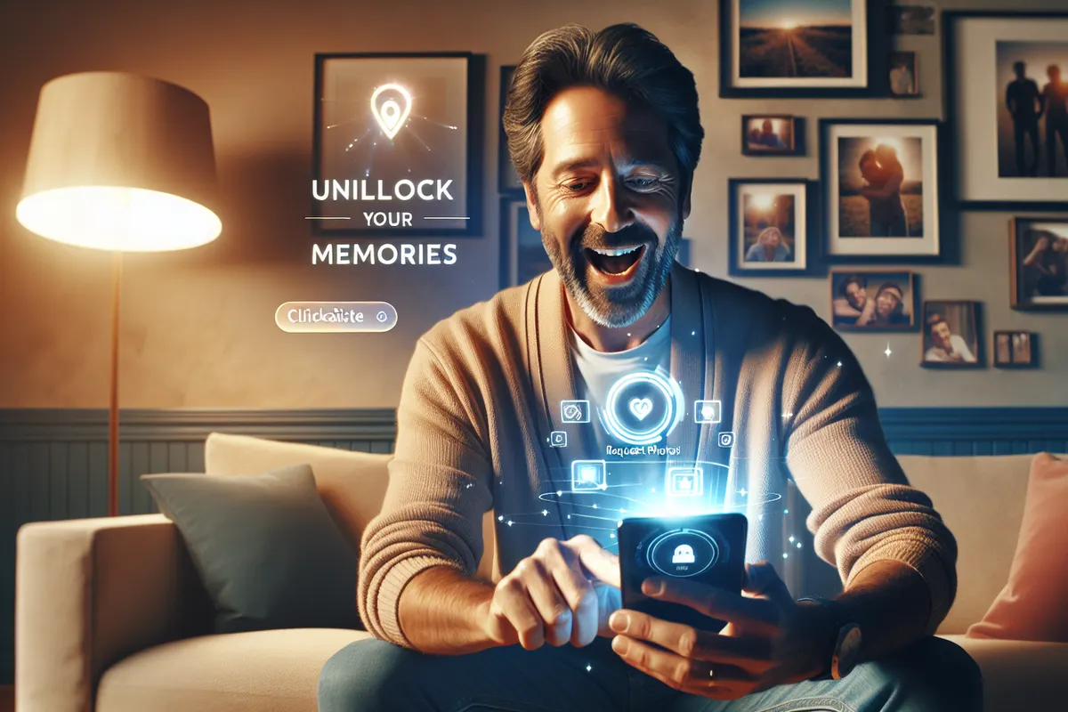 Un smartphone affiche une recherche conversationnelle qui retrouve des souvenirs dans une photothèque personnelle.