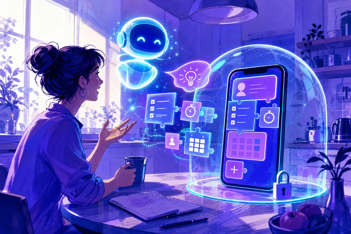 Une personne décrit son idée à une IA qui assemble une application sur mesure dans un smartphone protégé par une bulle