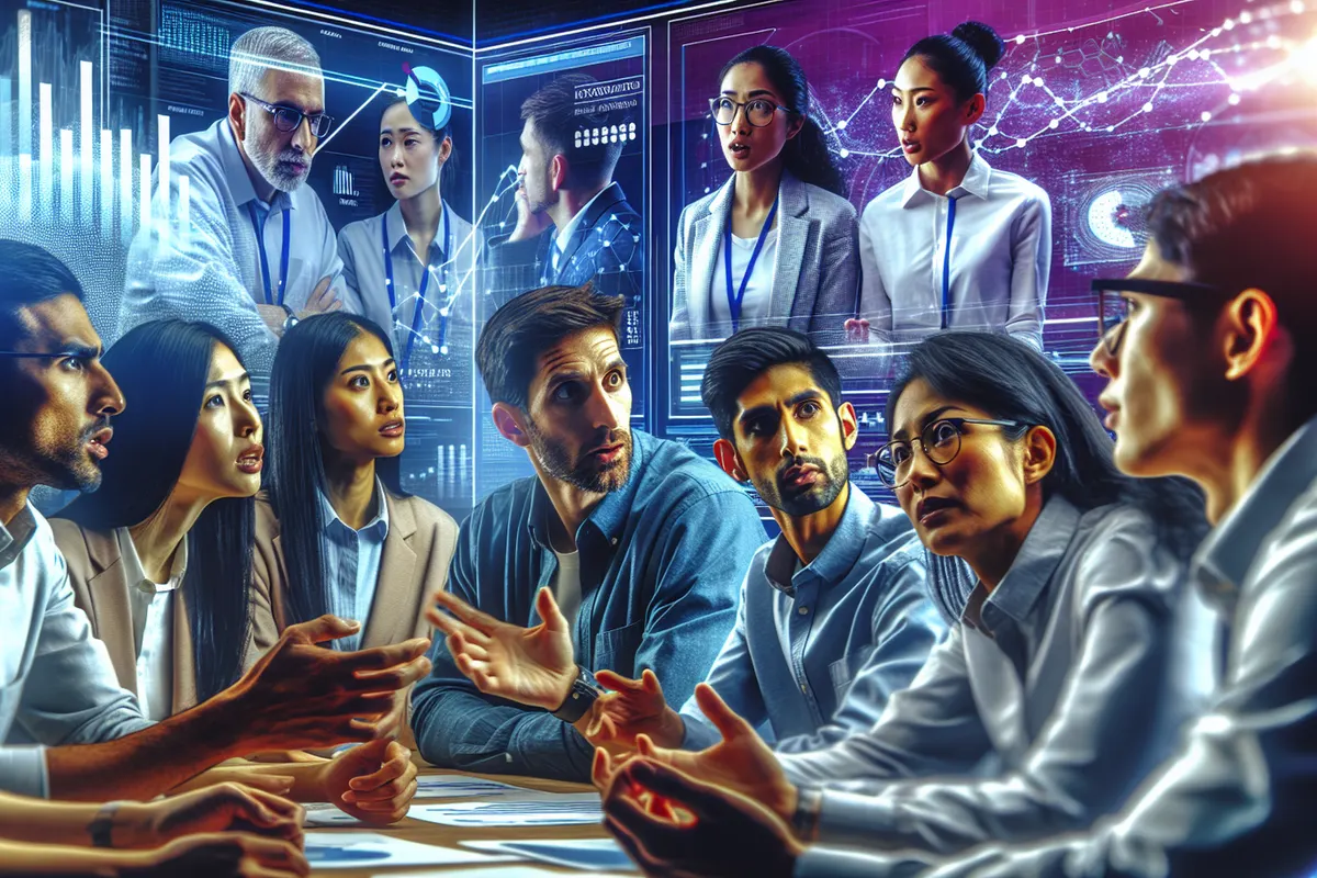 Des salariés assistent à une réunion sur les règles d’usage de l’intelligence artificielle et la diversité.