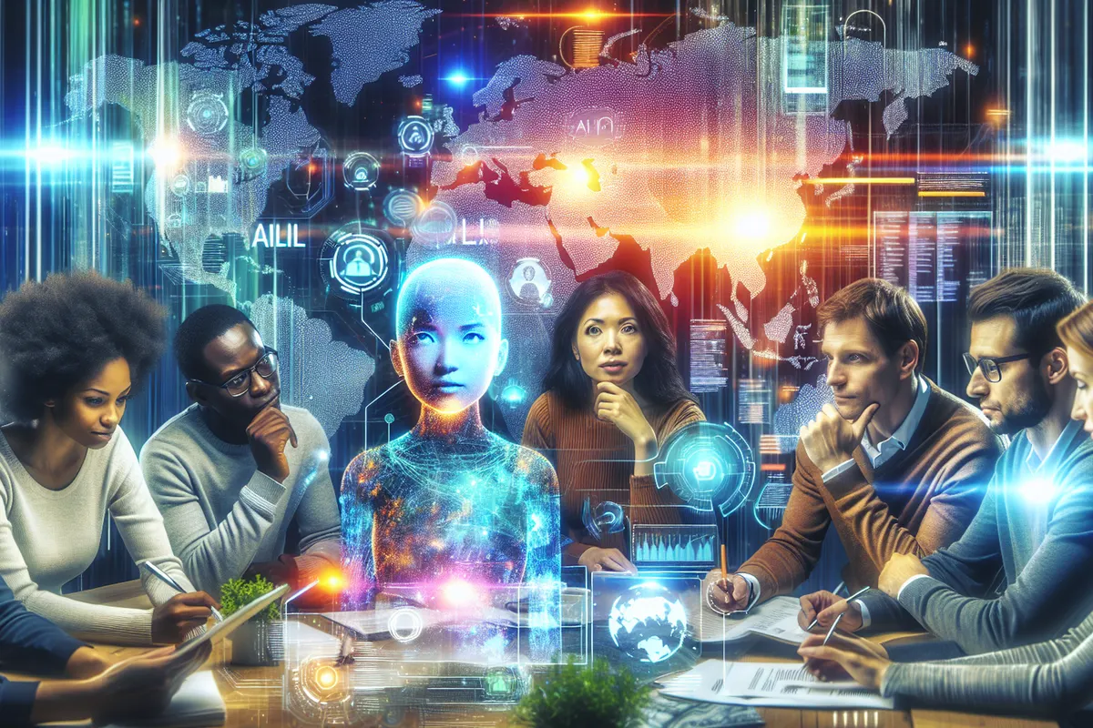 Des spécialistes examinent une carte du monde et des dossiers sur la réglementation de l’intelligence artificielle.