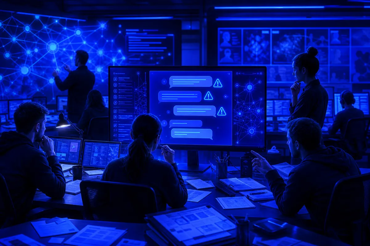 Écran d’IA conversationnelle vérifié par une équipe de modération sur une plateforme sociale