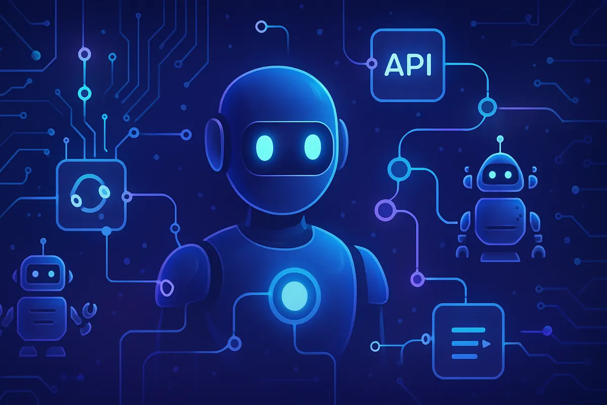 Un poste de travail affiche un workflow de veille automatisée, des articles triés et un email de synthèse.