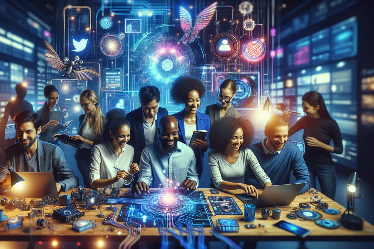 Une équipe examine des données de réseaux sociaux et valide un message assisté par intelligence artificielle.