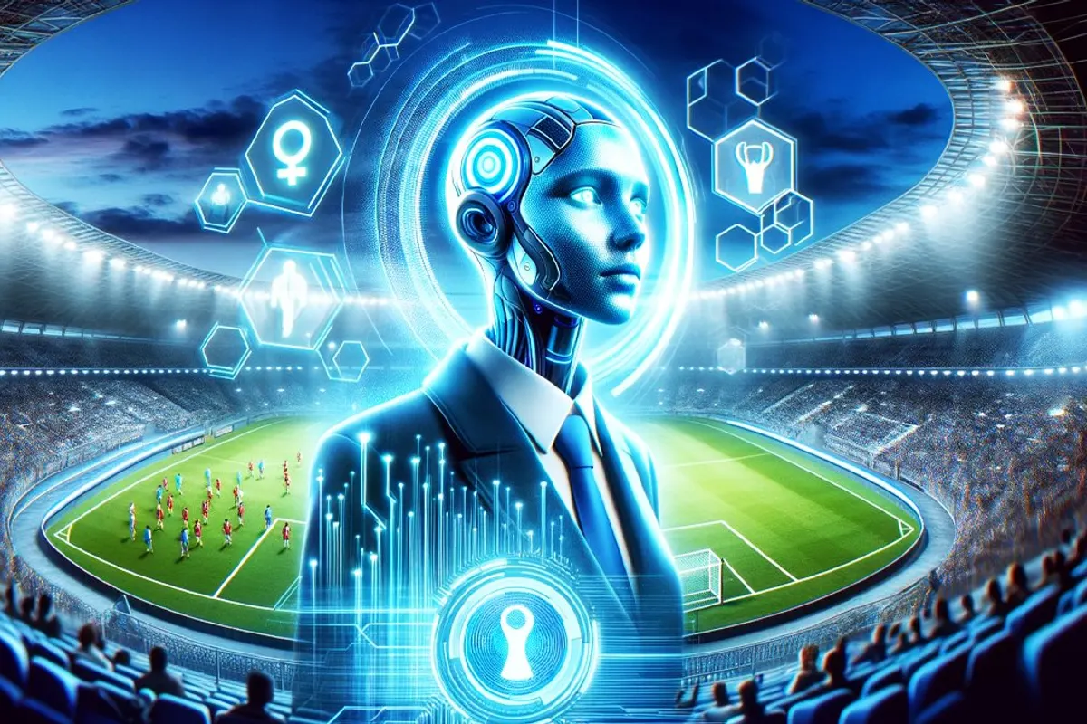 Une assemblée de football face à un avatar numérique symbolisant l’égalité dans la gouvernance sportive.